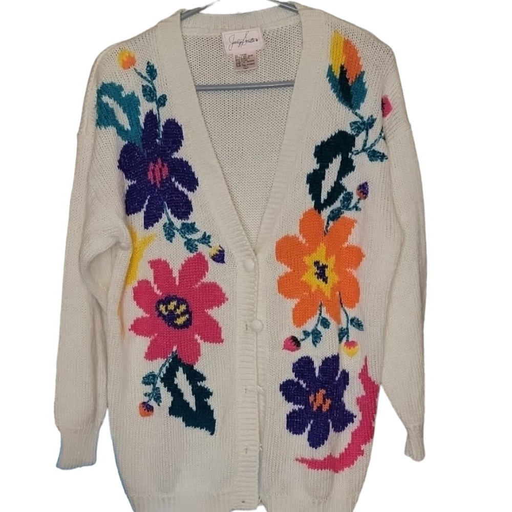 Vintage Womens Jaclyn Smith Floral Bright 90s Embroidered Cadigan Size L…